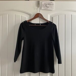 Womens Button Shoulder 3/4 Sleeve Top Scoop Neck Solid Knit, Black SZ 10/12